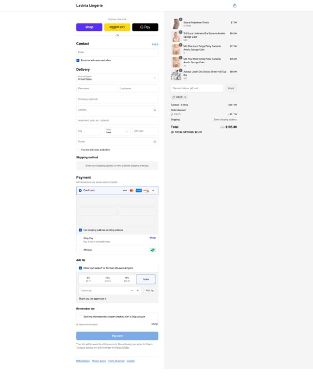 Lavinia Lingerie checkout page showing Lavinia Lingerie promo code box | Screenshot taken by SimplyCodes community member on Sep 3, 2025