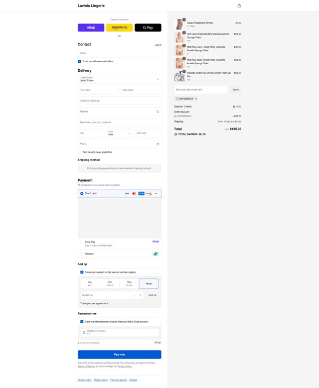 Lavinia Lingerie checkout page showing Lavinia Lingerie promo code box | Screenshot taken by SimplyCodes community member on Sep 3, 2025
