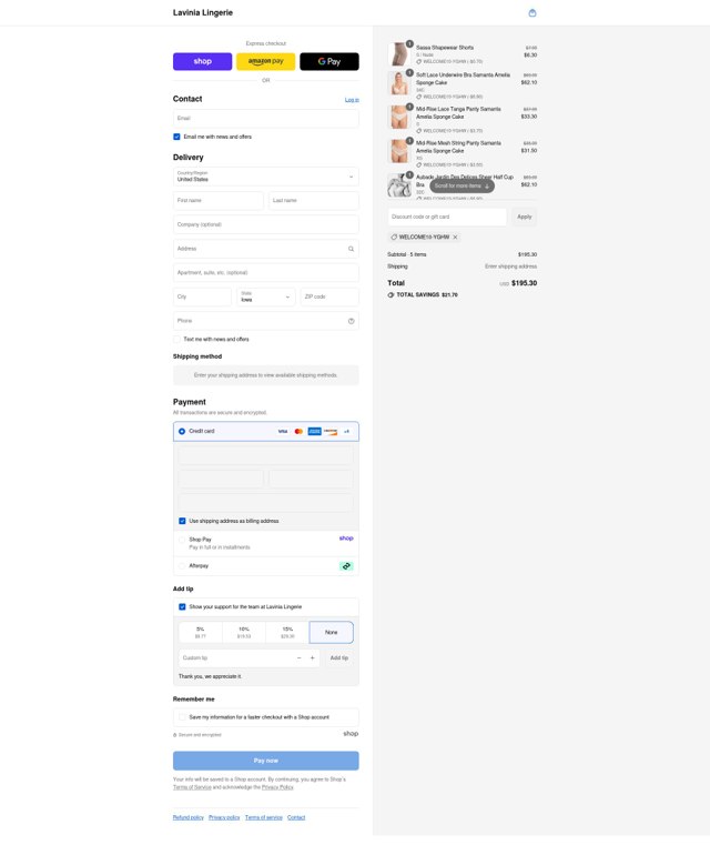 Lavinia Lingerie checkout page showing Lavinia Lingerie promo code box | Screenshot taken by SimplyCodes community member on Sep 3, 2025
