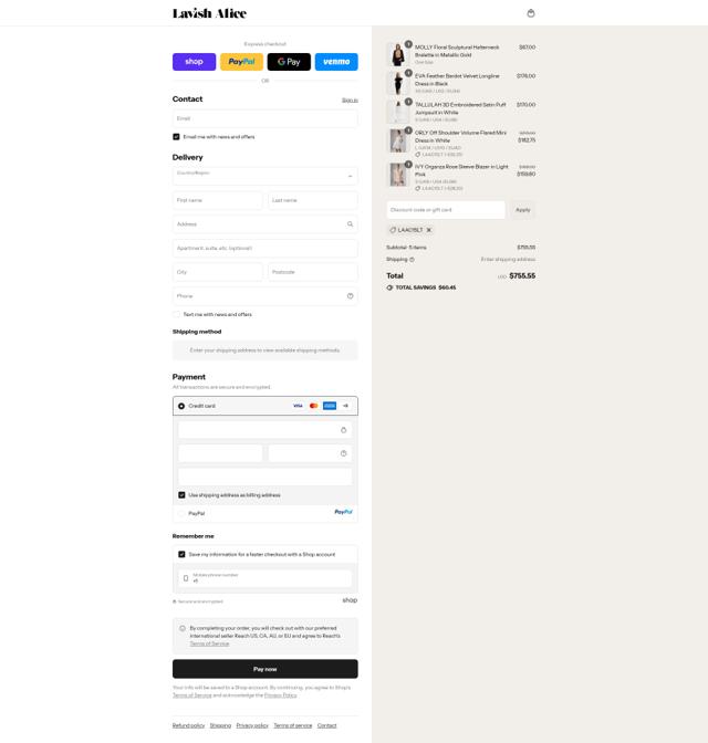 Lavish Alice checkout page showing Lavish Alice discount code box | Screenshot taken by SimplyCodes community member on Sep 11, 2025