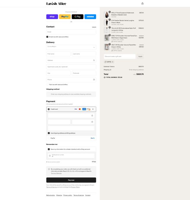Lavish Alice checkout page showing Lavish Alice discount code box | Screenshot taken by SimplyCodes community member on Sep 8, 2025