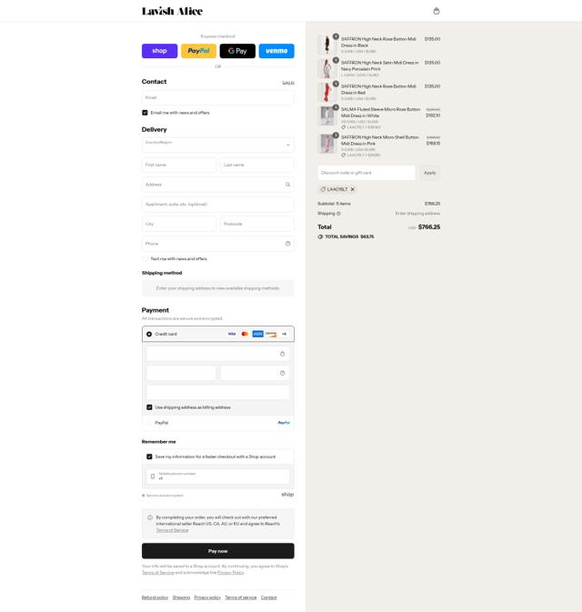 Lavish Alice checkout page showing Lavish Alice discount code box | Screenshot taken by SimplyCodes community member on Sep 3, 2025
