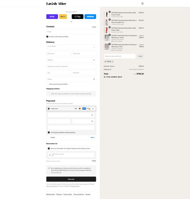 Lavish Alice checkout page showing Lavish Alice discount code box | Screenshot taken by SimplyCodes community member on Sep 3, 2025