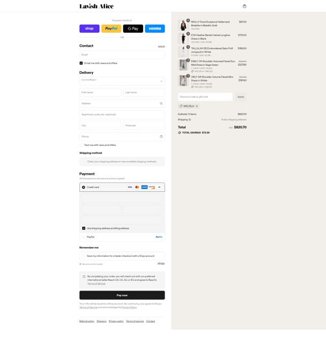 Lavish Alice checkout page showing Lavish Alice discount code box | Screenshot taken by SimplyCodes community member on Sep 8, 2025