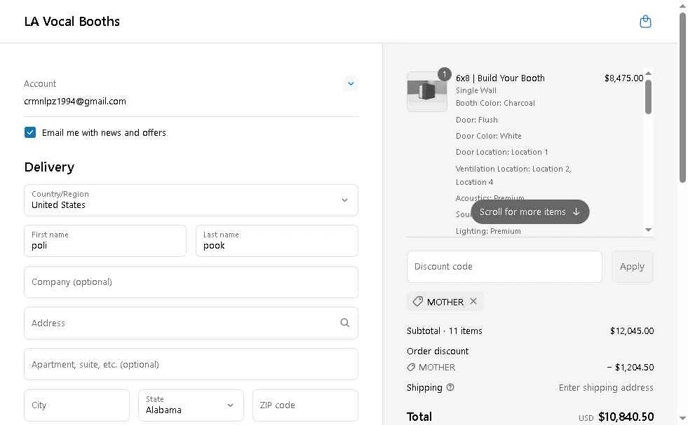 LA Vocal Booths checkout page showing LA Vocal Booths promo code box | Screenshot taken by SimplyCodes community member on May 7, 2025