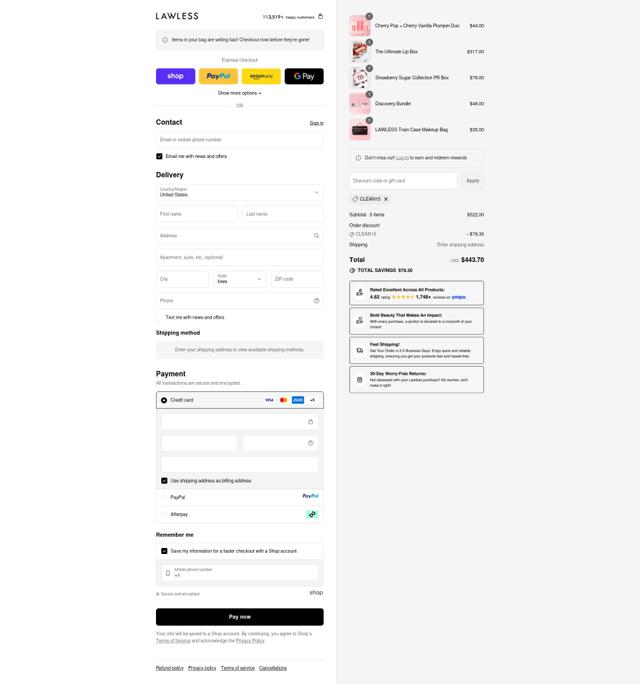 Lawless Beauty checkout page showing Lawless Beauty coupon code box | Screenshot taken by SimplyCodes community member on Sep 14, 2025