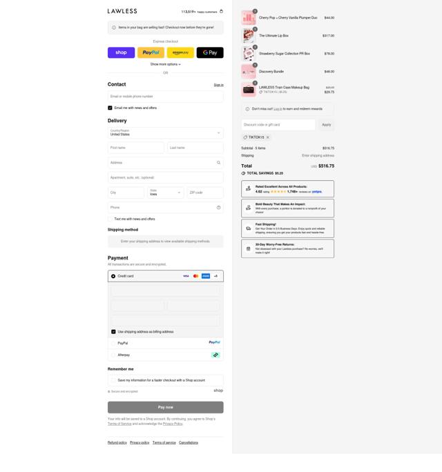 Lawless Beauty checkout page showing Lawless Beauty coupon code box | Screenshot taken by SimplyCodes community member on Sep 14, 2025