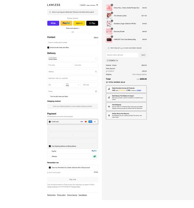 Lawless Beauty checkout page showing Lawless Beauty coupon code box | Screenshot taken by SimplyCodes community member on Sep 14, 2025