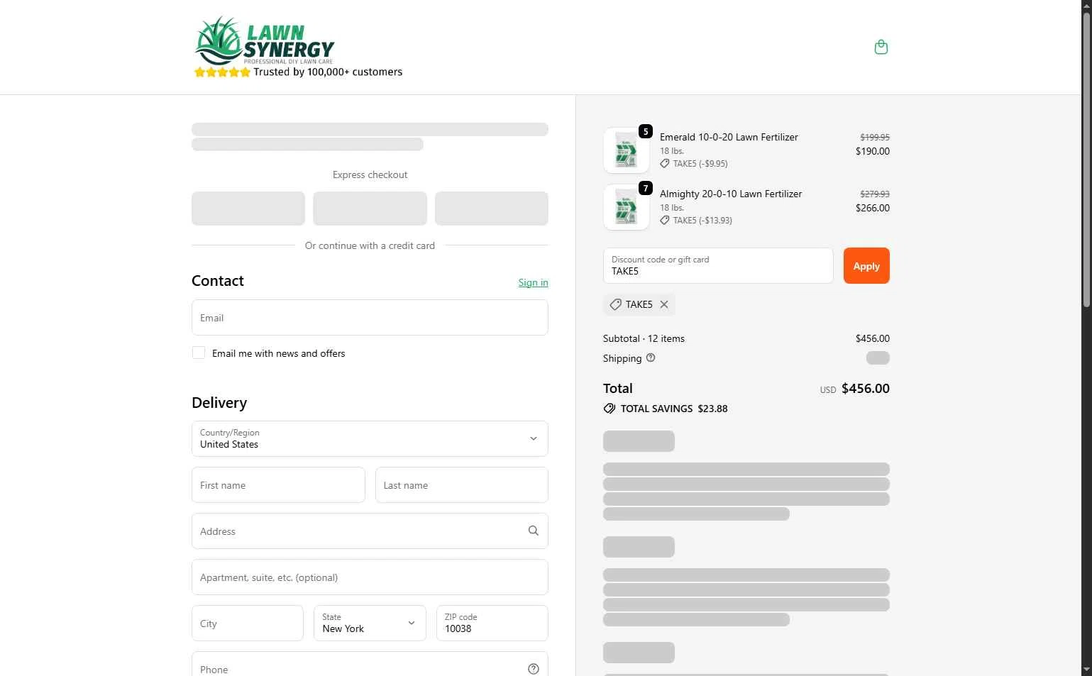 Lawn Synergy checkout page showing Lawn Synergy discount code box | Screenshot taken by SimplyCodes community member on Dec 7, 2025