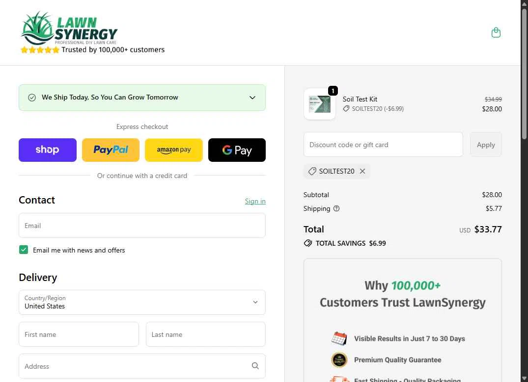 Lawn Synergy checkout page showing Lawn Synergy discount code box | Screenshot taken by SimplyCodes community member on Feb 6, 2026