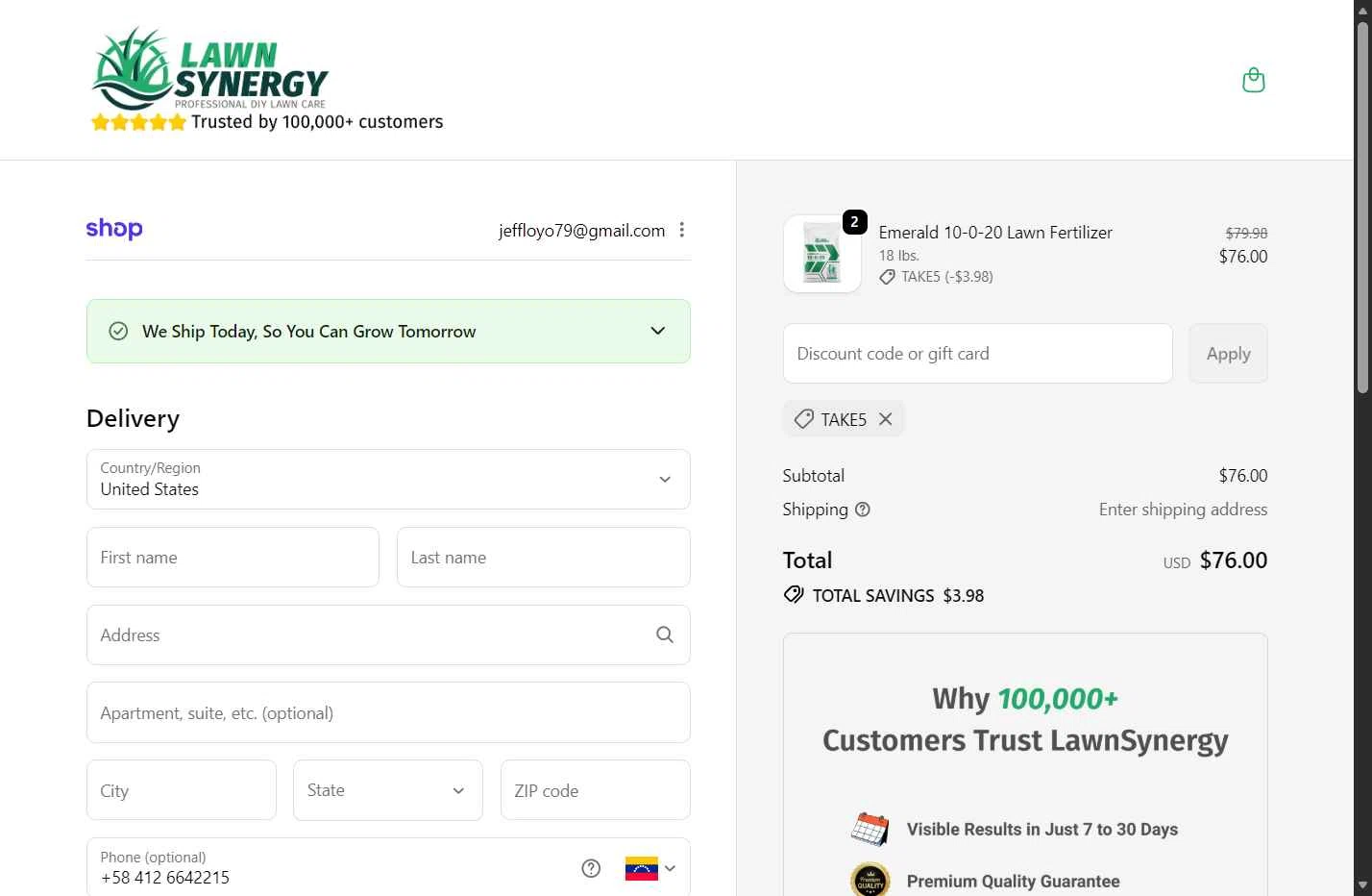 Lawn Synergy checkout page showing Lawn Synergy discount code box | Screenshot taken by SimplyCodes community member on Feb 3, 2026