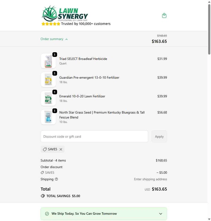 Lawn Synergy checkout page showing Lawn Synergy discount code box | Screenshot taken by SimplyCodes community member on Dec 27, 2025