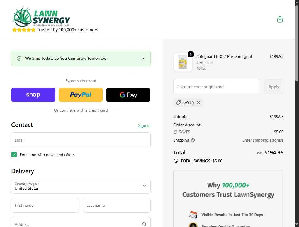 Lawn Synergy checkout page showing Lawn Synergy discount code box | Screenshot taken by SimplyCodes community member on Jan 25, 2026