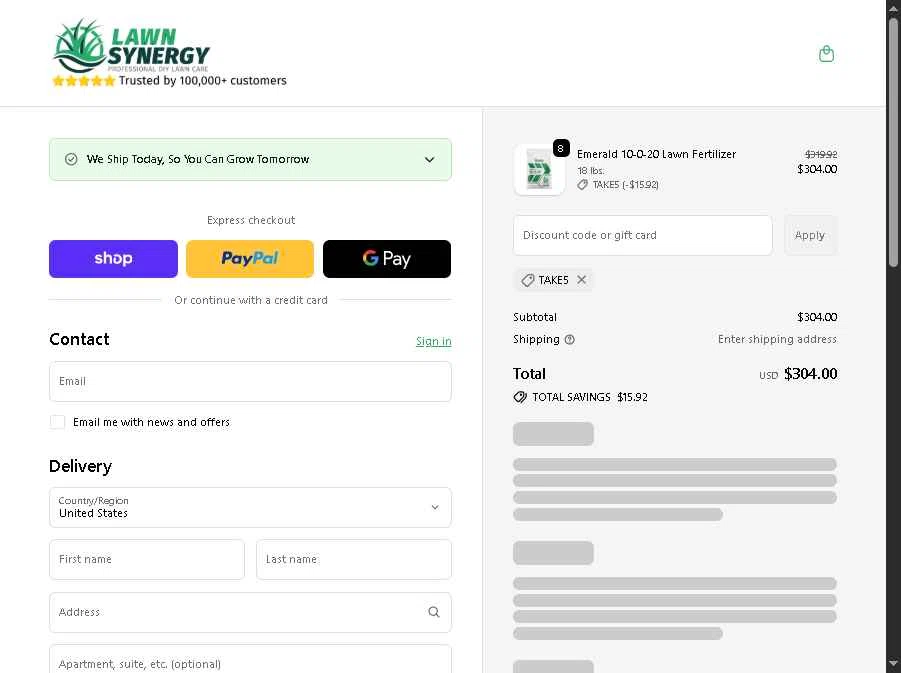 Lawn Synergy checkout page showing Lawn Synergy discount code box | Screenshot taken by SimplyCodes community member on Jan 5, 2026