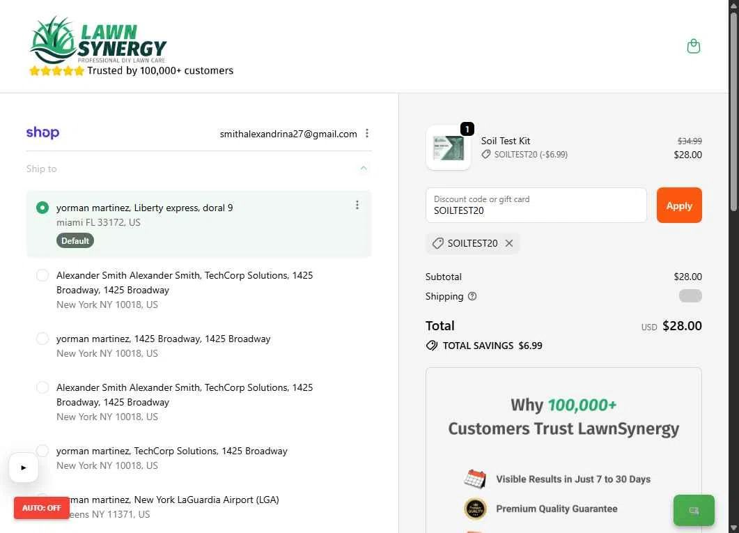 Lawn Synergy checkout page showing Lawn Synergy discount code box | Screenshot taken by SimplyCodes community member on Jan 29, 2026