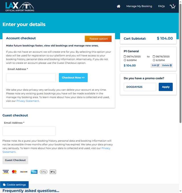 LAX Official Airport Parking checkout page showing LAX Official Airport Parking promo code box | Screenshot taken by SimplyCodes community member on Aug 9, 2025
