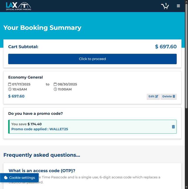LAX Official Airport Parking checkout page showing LAX Official Airport Parking promo code box | Screenshot taken by SimplyCodes community member on Jul 14, 2025