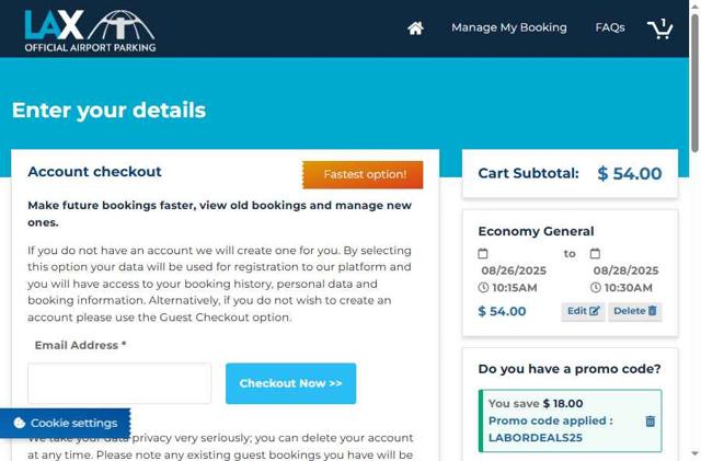 LAX Official Airport Parking checkout page showing LAX Official Airport Parking promo code box | Screenshot taken by SimplyCodes community member on Aug 25, 2025