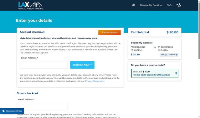 LAX Official Airport Parking checkout page showing LAX Official Airport Parking promo code box | Screenshot taken by SimplyCodes community member on Aug 11, 2025