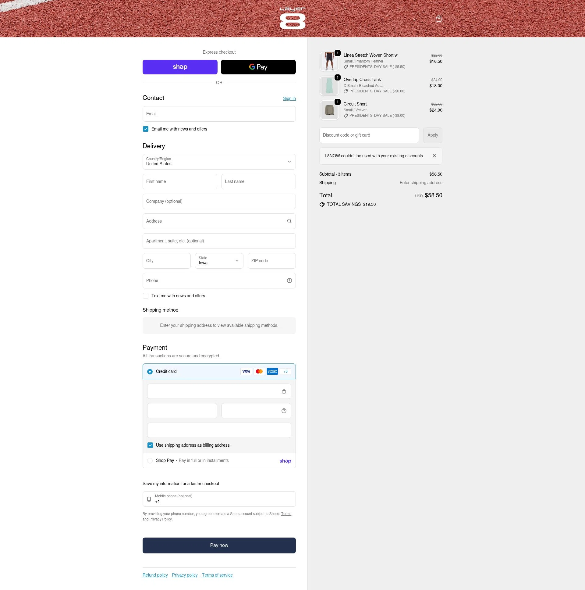 Layer8 checkout page showing Layer8 promo code box | Screenshot taken by SimplyCodes community member on Feb 15, 2026