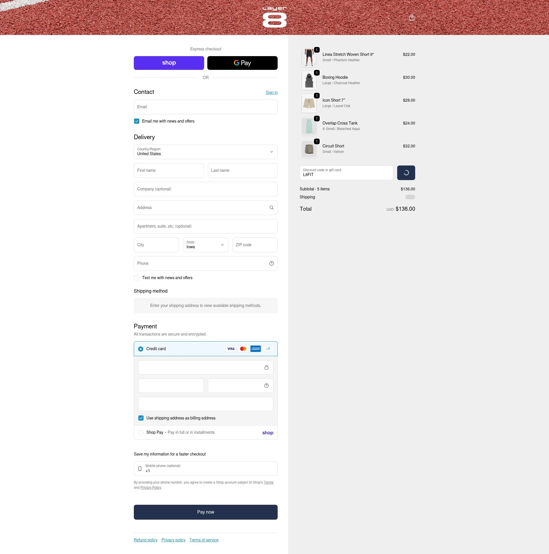 Layer8 checkout page showing Layer8 promo code box | Screenshot taken by SimplyCodes community member on Feb 10, 2026