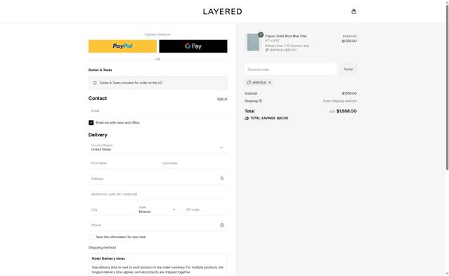 Layered Interior checkout page showing Layered Interior promo code box | Screenshot taken by SimplyCodes community member on Sep 14, 2025