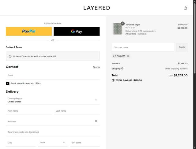 Layered Interior checkout page showing Layered Interior promo code box | Screenshot taken by SimplyCodes community member on Sep 14, 2025