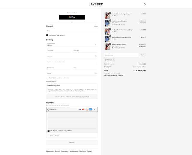 Layered Interior checkout page showing Layered Interior promo code box | Screenshot taken by SimplyCodes community member on Aug 16, 2025