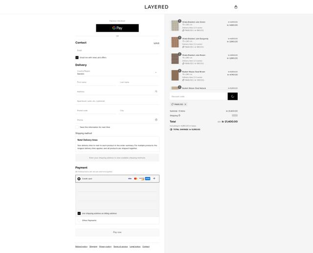 Layered Interior checkout page showing Layered Interior promo code box | Screenshot taken by SimplyCodes community member on Sep 3, 2025