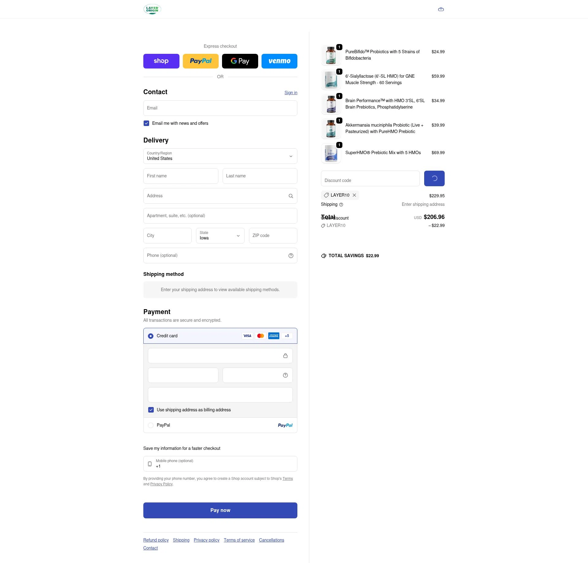 Layer Origin Nutrition checkout page showing Layer Origin Nutrition promo code box | Screenshot taken by SimplyCodes community member on Feb 8, 2026
