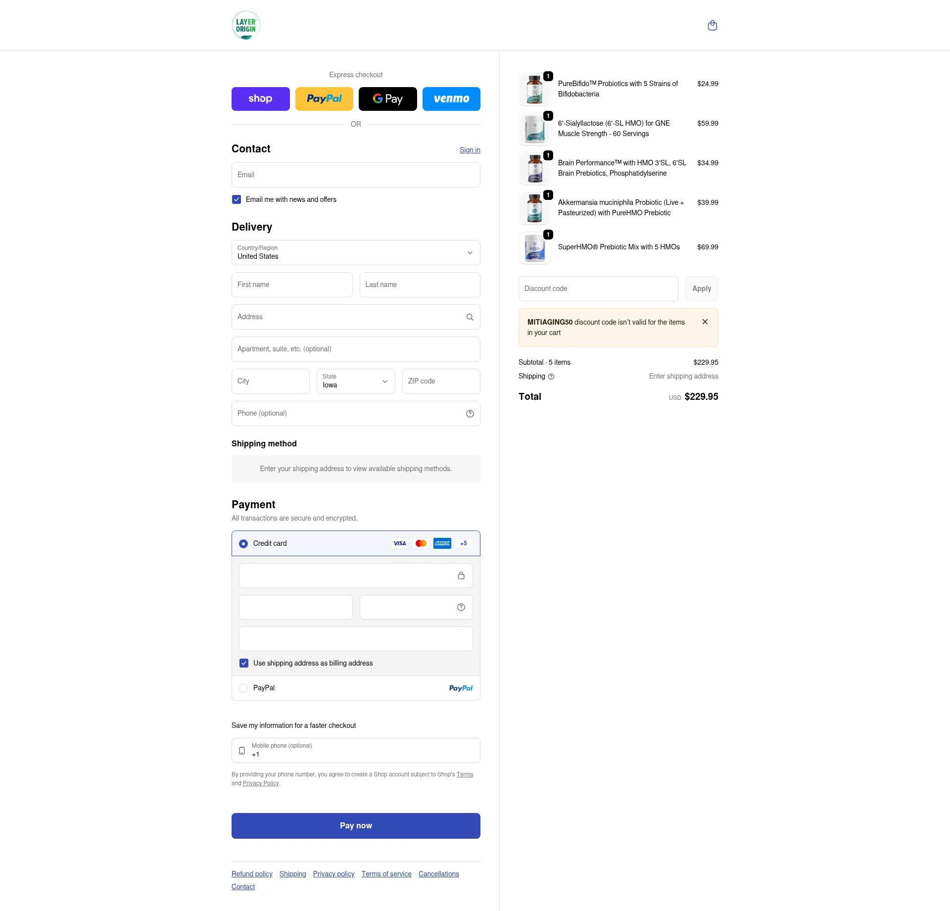 Layer Origin Nutrition checkout page showing Layer Origin Nutrition promo code box | Screenshot taken by SimplyCodes community member on Feb 8, 2026