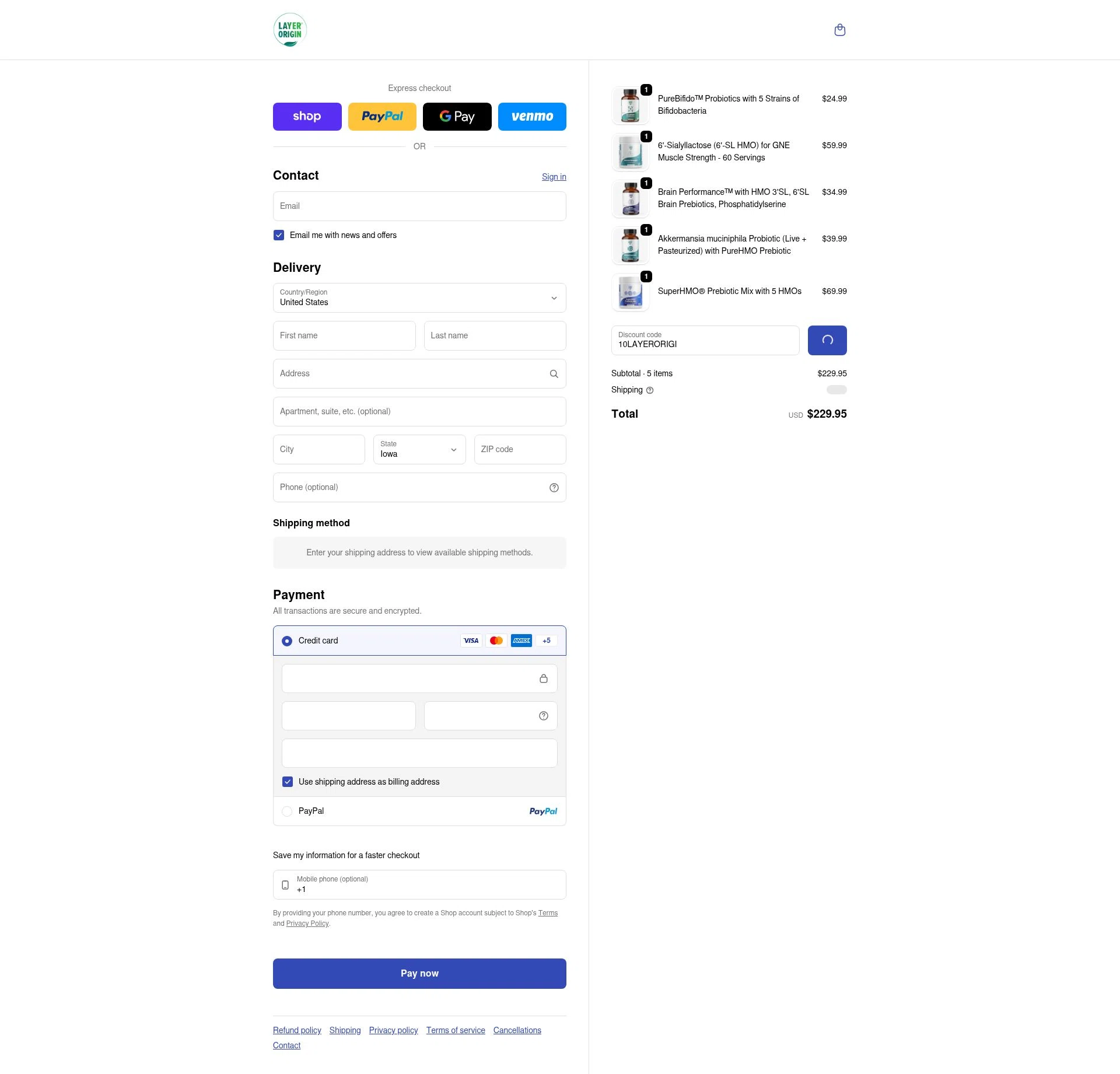 Layer Origin Nutrition checkout page showing Layer Origin Nutrition promo code box | Screenshot taken by SimplyCodes community member on Feb 8, 2026