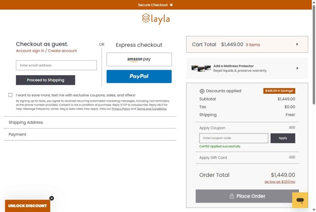 Layla Sleep checkout page showing Layla Sleep coupon code box | Screenshot taken by SimplyCodes community member on Sep 3, 2025