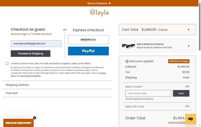 Layla Sleep checkout page showing Layla Sleep coupon code box | Screenshot taken by SimplyCodes community member on Aug 12, 2025