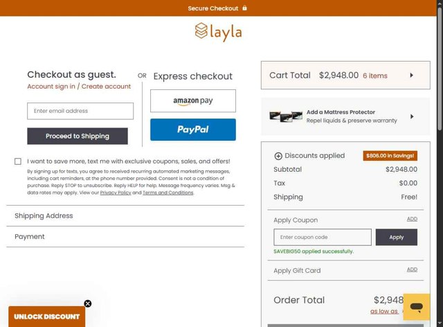 Layla Sleep checkout page showing Layla Sleep coupon code box | Screenshot taken by SimplyCodes community member on Sep 3, 2025