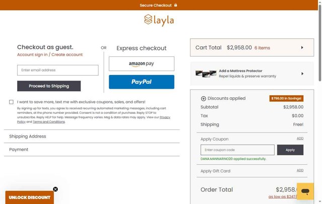 Layla Sleep checkout page showing Layla Sleep coupon code box | Screenshot taken by SimplyCodes community member on Aug 12, 2025
