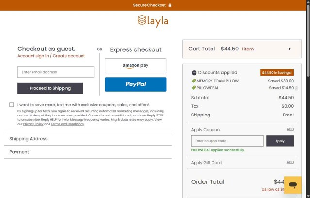 Layla Sleep checkout page showing Layla Sleep coupon code box | Screenshot taken by SimplyCodes community member on Aug 22, 2025