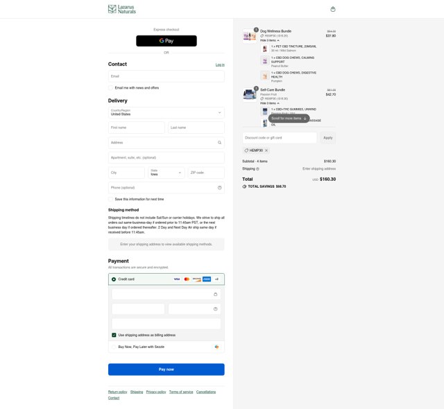 Lazarus Naturals checkout page showing Lazarus Naturals discount code box | Screenshot taken by SimplyCodes community member on Aug 30, 2025
