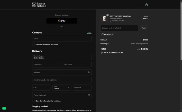 Lazarus Naturals checkout page showing Lazarus Naturals discount code box | Screenshot taken by SimplyCodes community member on Sep 3, 2025