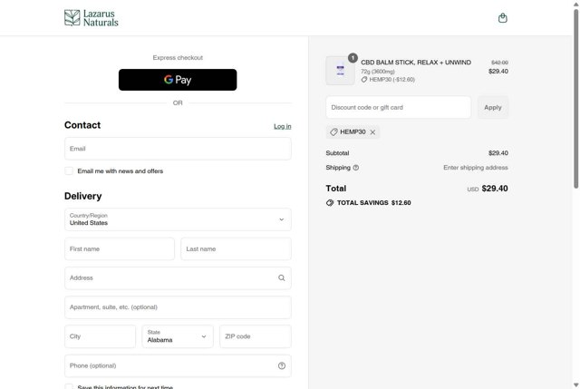 Lazarus Naturals checkout page showing Lazarus Naturals discount code box | Screenshot taken by SimplyCodes community member on Sep 8, 2025