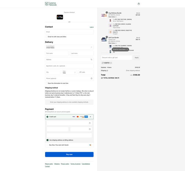 Lazarus Naturals checkout page showing Lazarus Naturals discount code box | Screenshot taken by SimplyCodes community member on Sep 8, 2025
