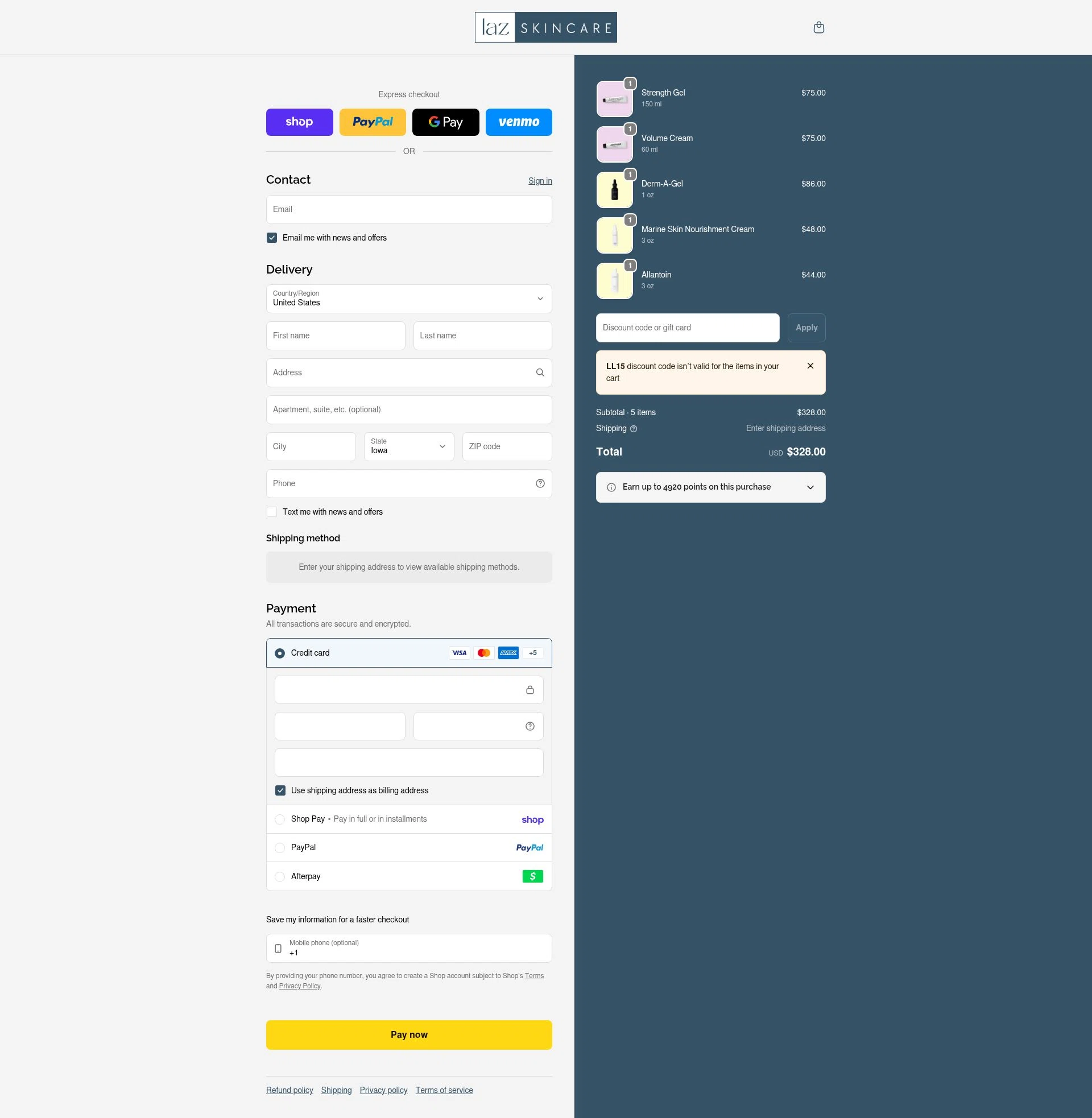 LAZ Skincare checkout page showing LAZ Skincare discount code box | Screenshot taken by SimplyCodes community member on Feb 11, 2026