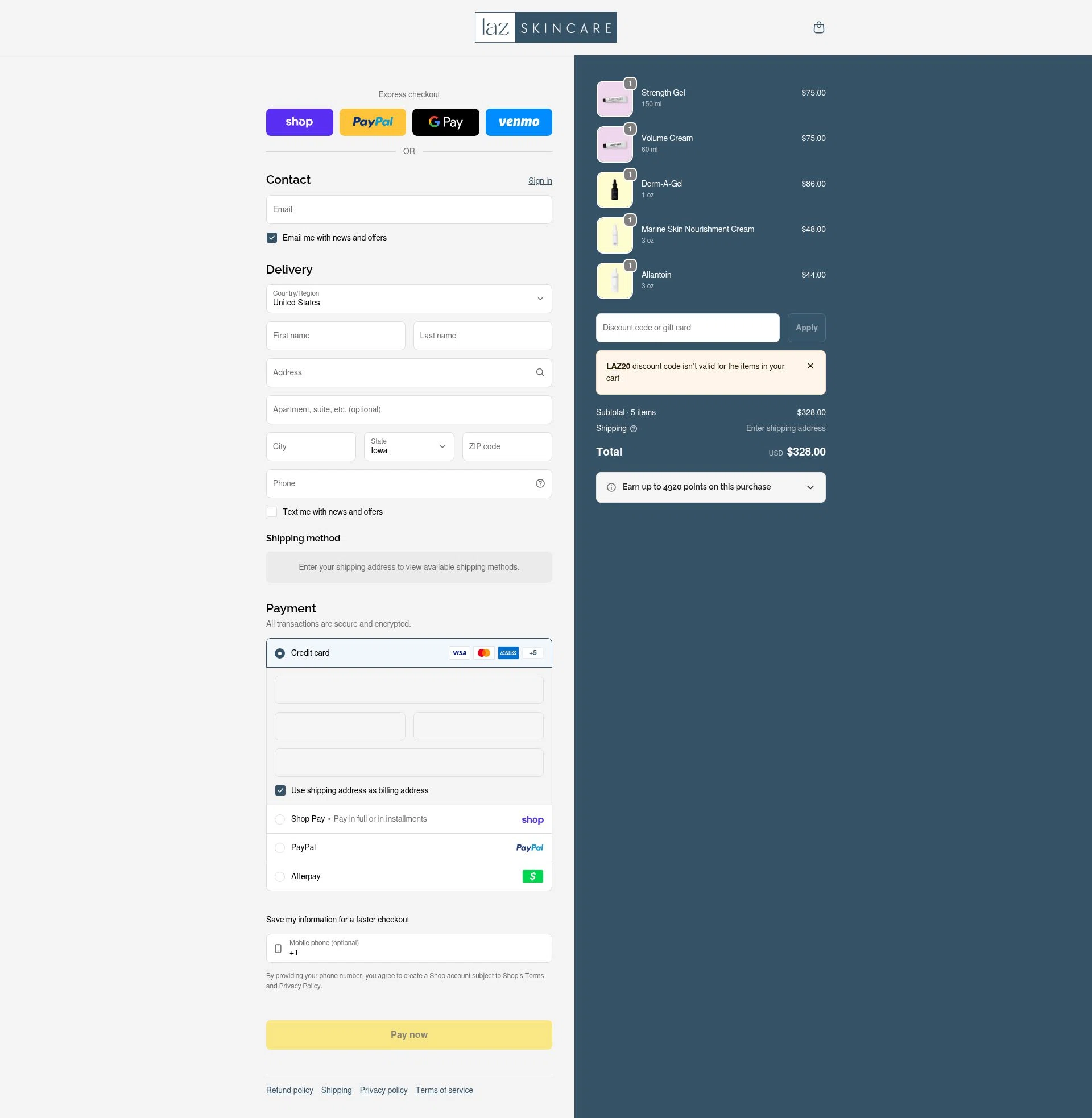 LAZ Skincare checkout page showing LAZ Skincare discount code box | Screenshot taken by SimplyCodes community member on Feb 20, 2026