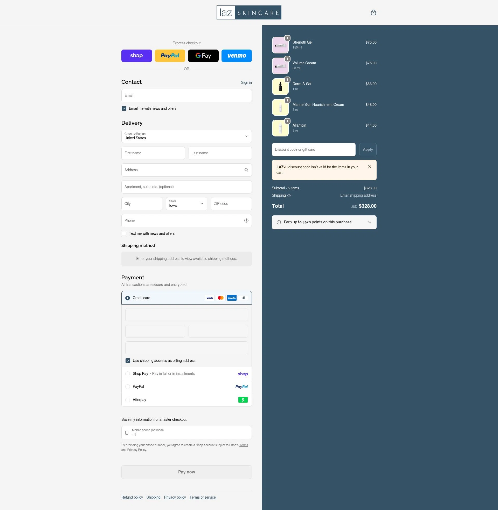 LAZ Skincare checkout page showing LAZ Skincare discount code box | Screenshot taken by SimplyCodes community member on Feb 20, 2026