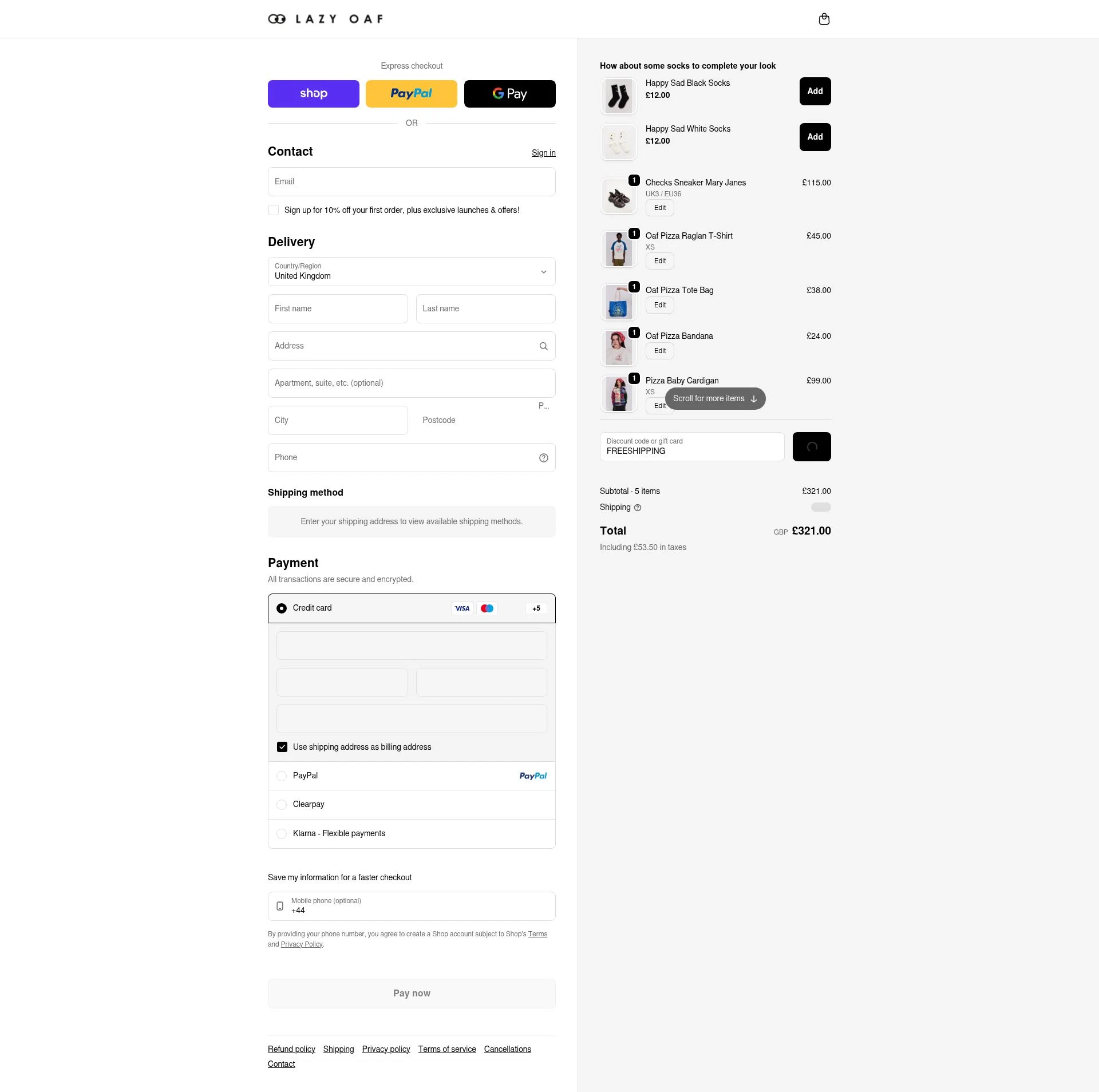 Lazy Oaf checkout page showing Lazy Oaf discount code box | Screenshot taken by SimplyCodes community member on Feb 16, 2026