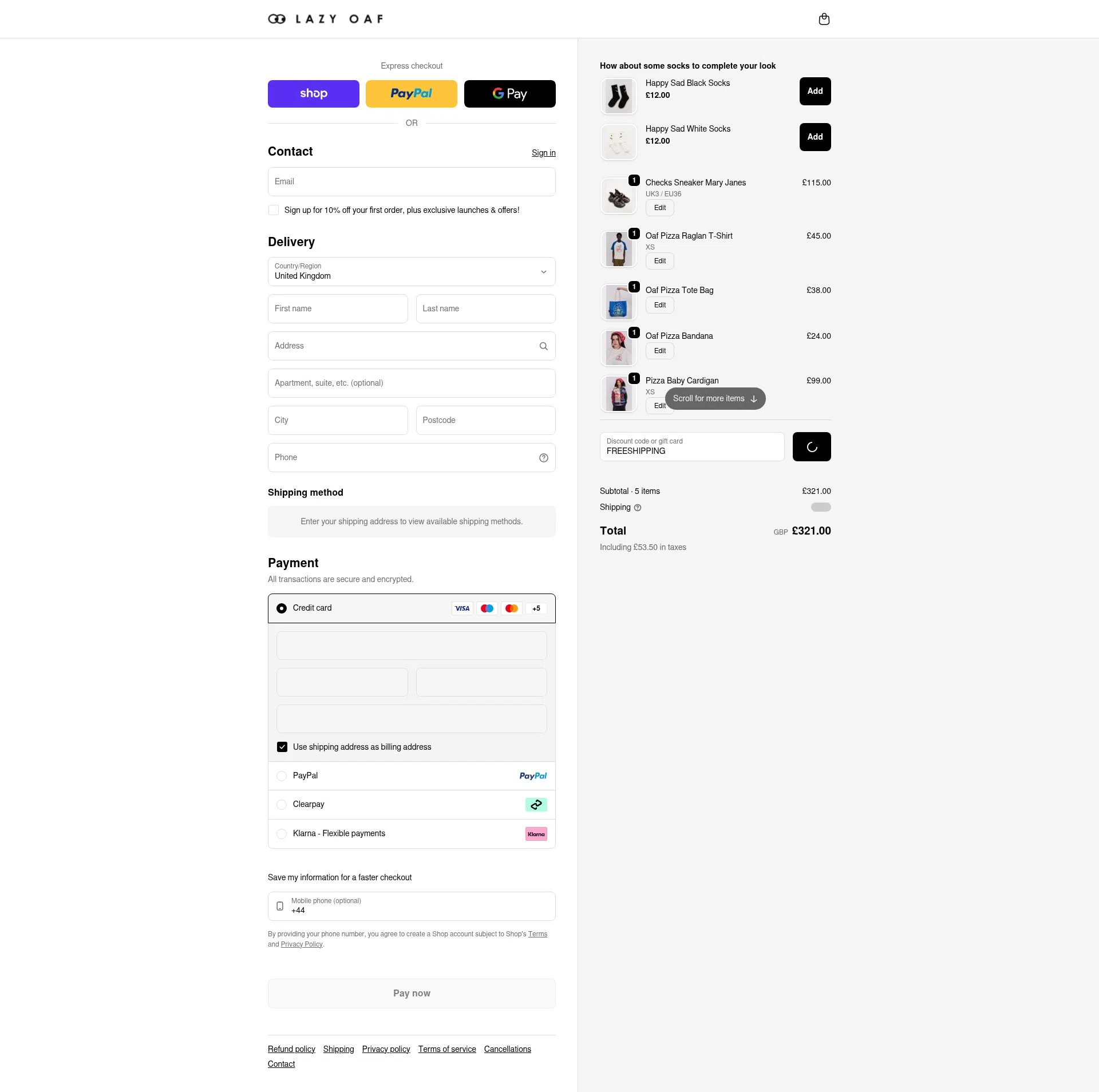 Lazy Oaf checkout page showing Lazy Oaf discount code box | Screenshot taken by SimplyCodes community member on Feb 3, 2026