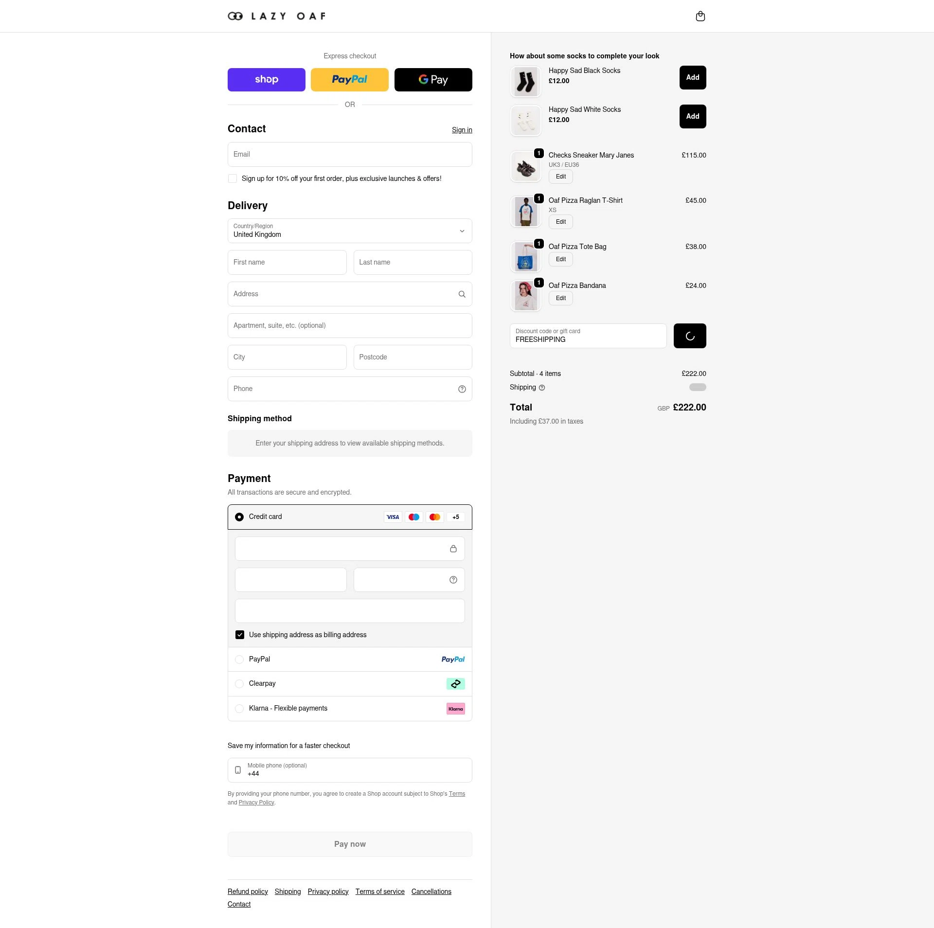 Lazy Oaf checkout page showing Lazy Oaf discount code box | Screenshot taken by SimplyCodes community member on Feb 20, 2026