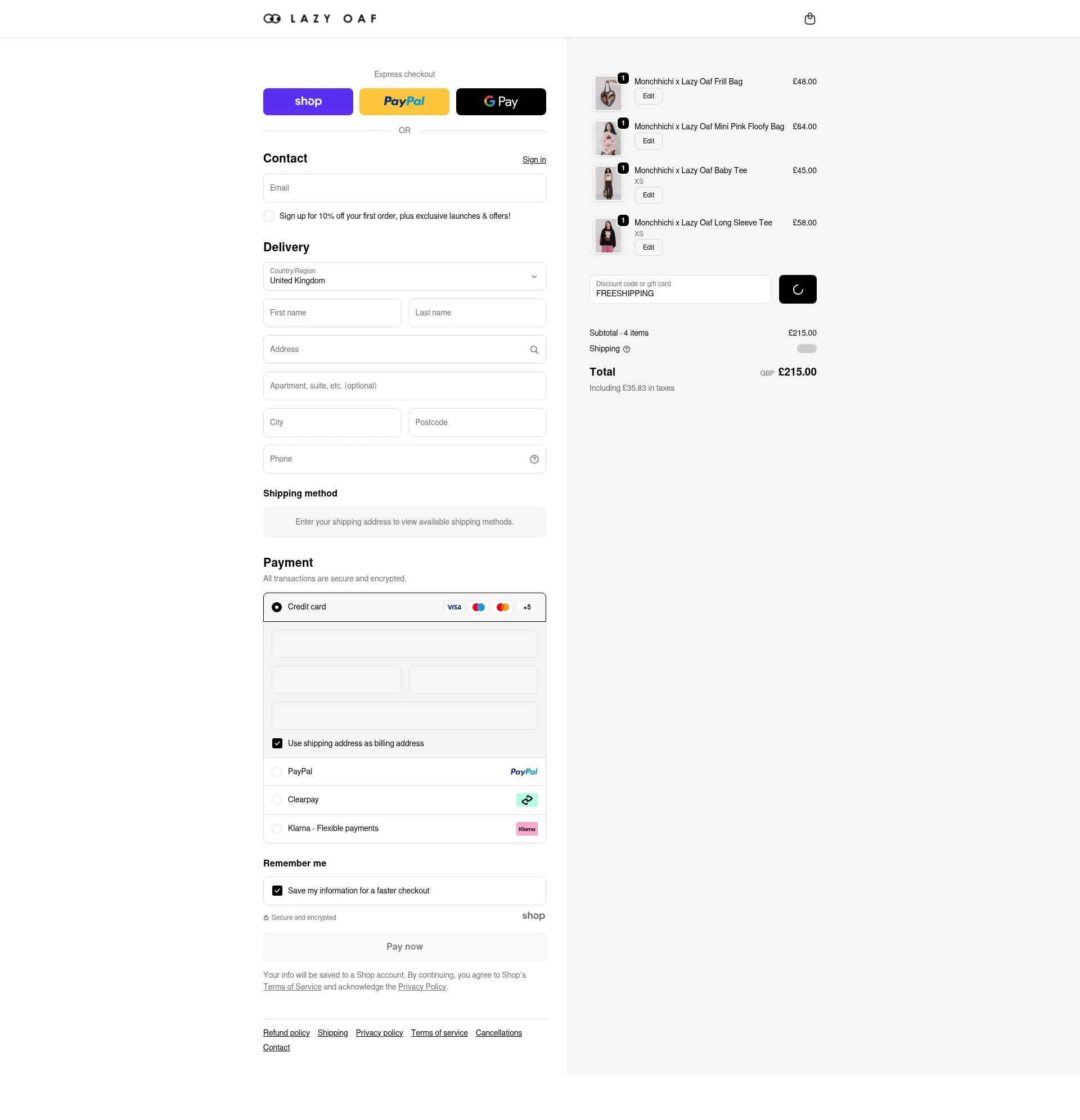 Lazy Oaf checkout page showing Lazy Oaf discount code box | Screenshot taken by SimplyCodes community member on Jan 15, 2026