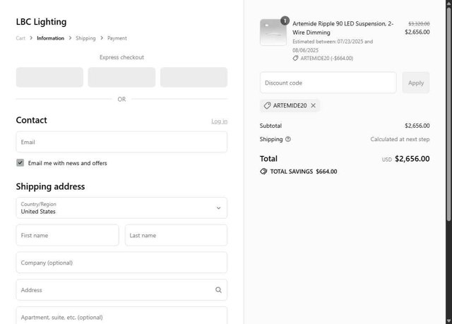 LBC Lighting checkout page showing LBC Lighting promo code box | Screenshot taken by SimplyCodes community member on Jul 16, 2025