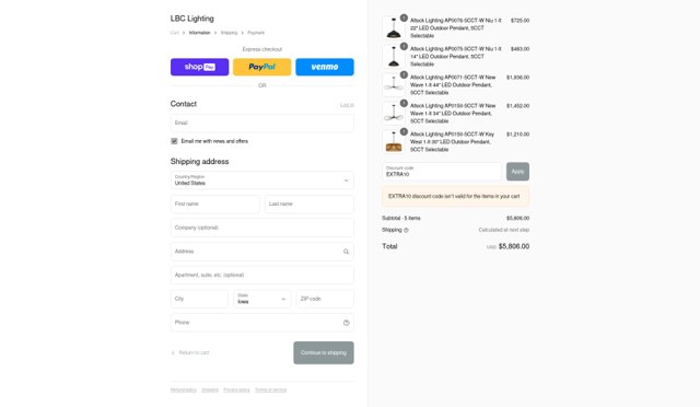 LBC Lighting checkout page showing LBC Lighting promo code box | Screenshot taken by SimplyCodes community member on Aug 25, 2025